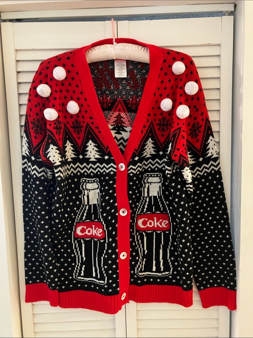 Coca-Cola Holiday Christmas Winter Polar Bear Red and Black Polka Dot Cardigan